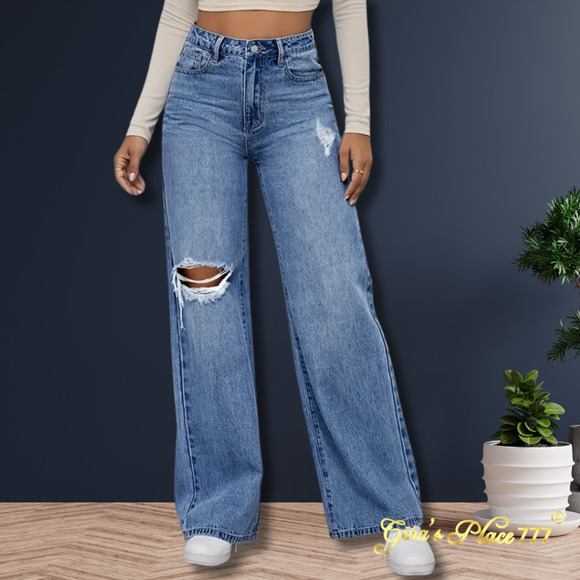 New Womens Y2K High Waisted Ripped Wide Leg Boot Cut Jeans Medium Wash Sz: Large - Picture 3 of 12